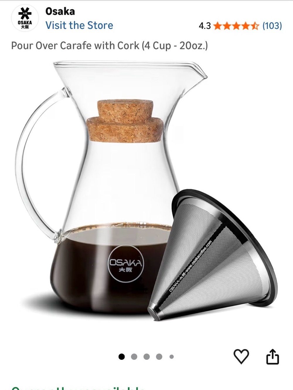 Osaka Glass Pour-Over Coffee Carafe with Stainless Steel Filter NWOT Never Used